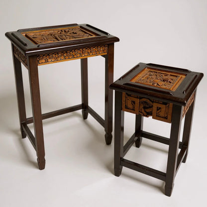 Pair of Vintage Chinese Camphor Wood Bedside Tables – Hand Carved Oriental Nightstands