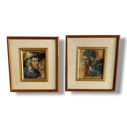 Pair of Vintage Tibetan Leaf Art Paintings – Framed Asian Folk Portraits