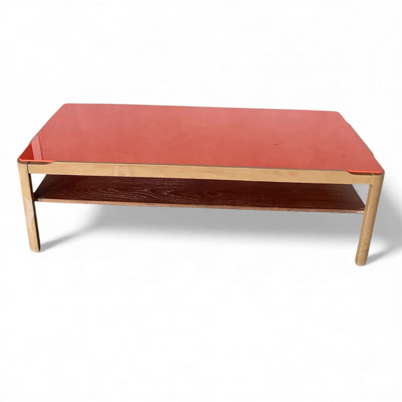 Mid Century Coffee Table – Custom Myers Orange Acrylic & Teak Two Tier Design — view 2