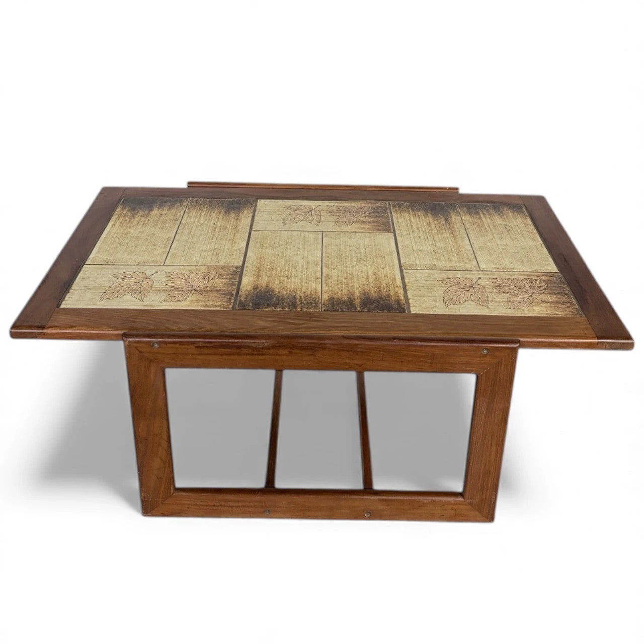 Mid-Century Teak & Tile Coffee Table – 1960s Sledge Base Design