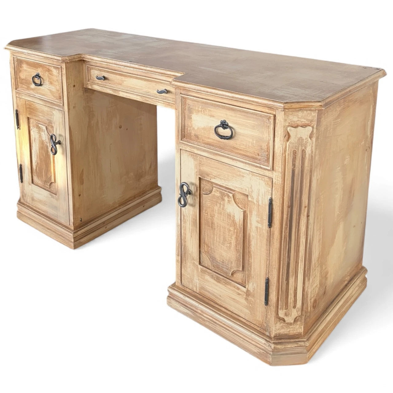Vintage Pine Writing Desk – Rustic Farmhouse Pedestal Desk with Cupboards & Storage Drawers