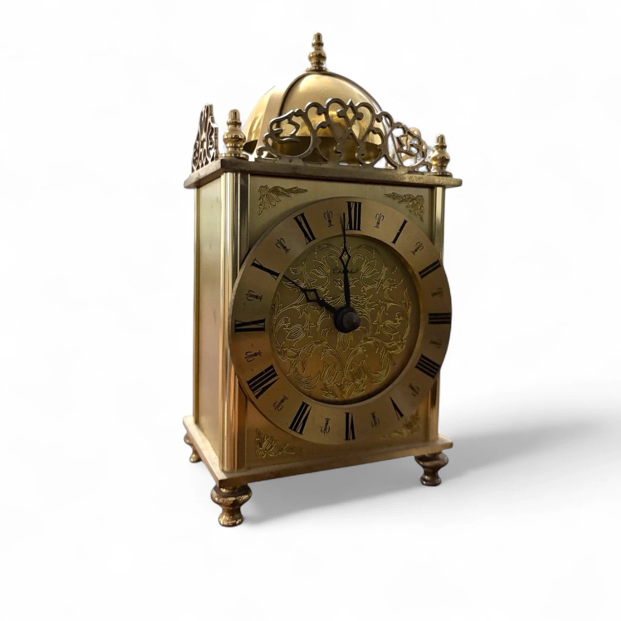 Vintage Brass Lantern Clock by Greenhall | Ornate Wind-Up Mantel Clock with Roman Numerals