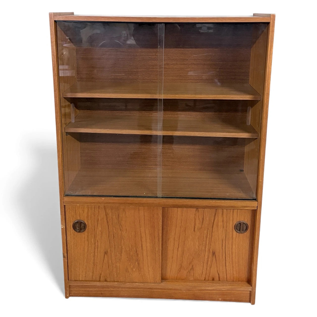Danish Sliding Glass Bookcase | Mid Century Teak Veneer Cabinet With Adjustable Shelving — view 2