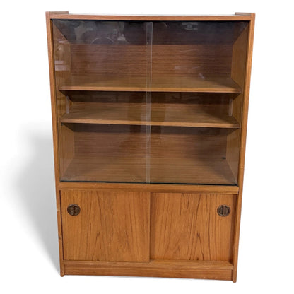 Danish Sliding Glass Bookcase | Mid Century Teak Veneer Cabinet With Adjustable Shelving — view 2