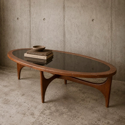 Vintage Stonehill Teak Oval Coffee Table with Smoked Black Perspex Top Mid Century