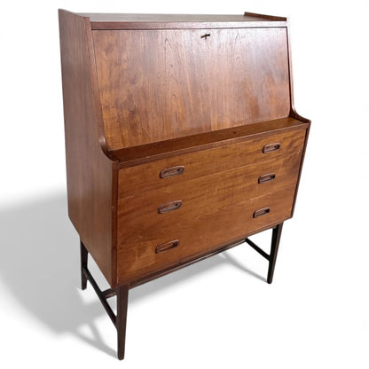 Mid Century Teak Bureau | Vintage Secretary Desk with Drop Down Writing Surface
