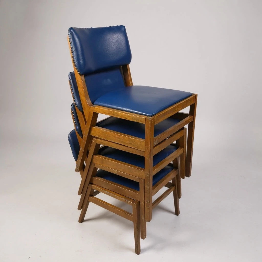 Set of 4 Vintage 1960s Ben Stoe Stacking Dining Chairs – Blue Vinyl & Teak Frame