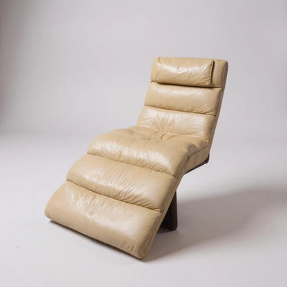 Mid Century Beige Leather Chaise Lounge Chair | Vintage Retro Lounge Chair with Wood Legs