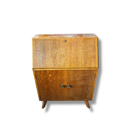 Mid Century Modern Oak Bureau Desk Cabinet | Vintage Drop-Front Writing Desk with Storage Drawers