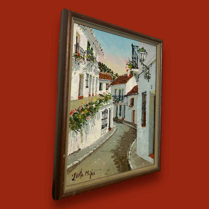 Vintage 1980s Mediterranean Village Oil Painting
