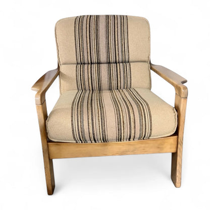 Danish Mid-Century Armchair | Solid Wood Frame & Striped Fabric Upholstery