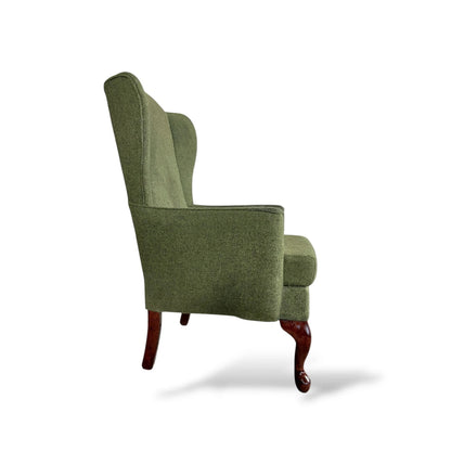 Vintage Green Upholstered Wingback Armchair with Cabriole Legs
