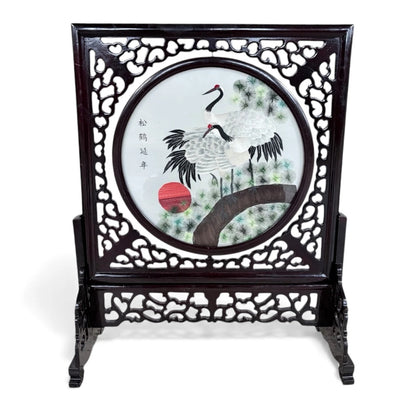Japanese Embroidered Silk Panel – Red-Crowned Cranes in Rotating Wooden Frame