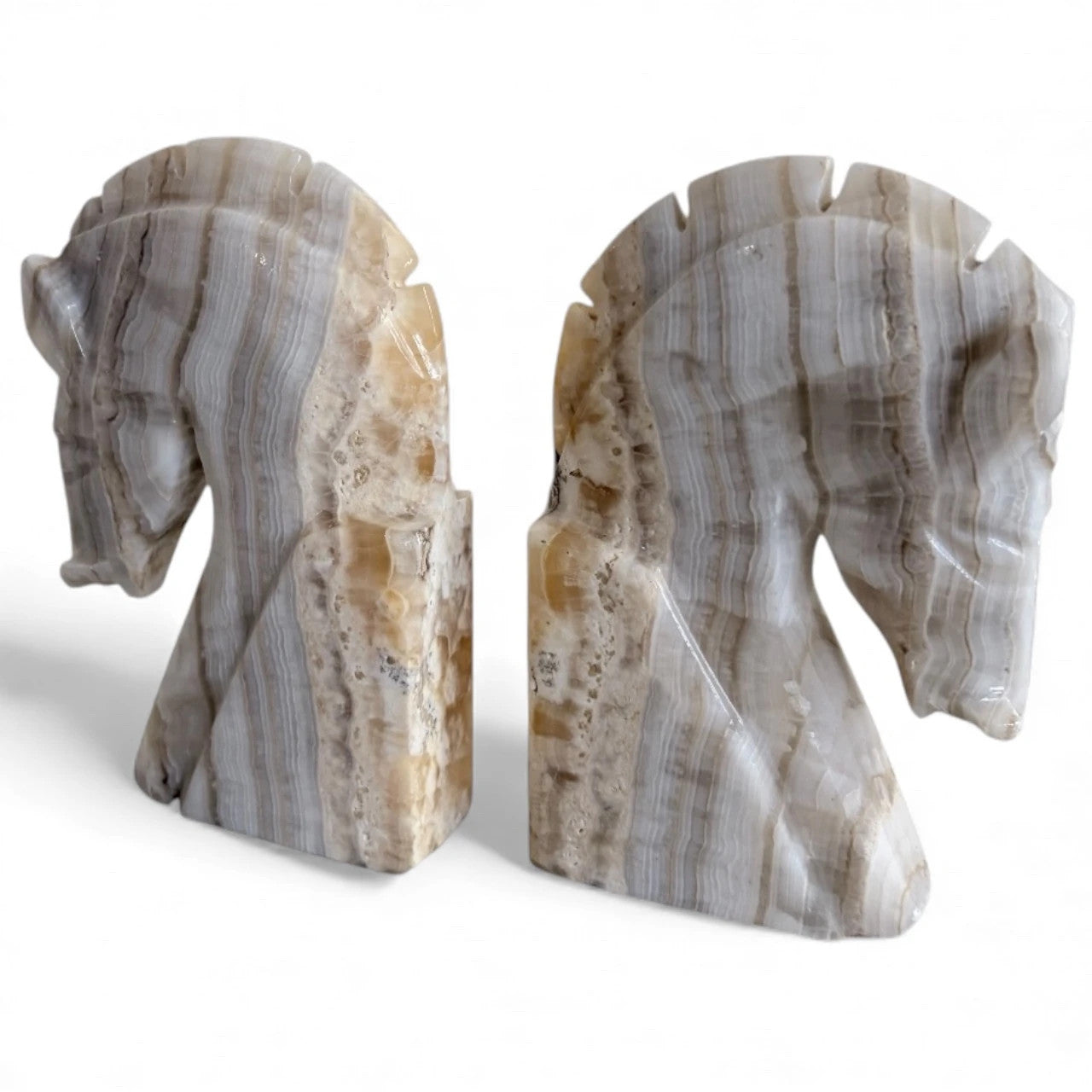 Vintage Onyx Horse Head Bookends – Natural Stone Carvings