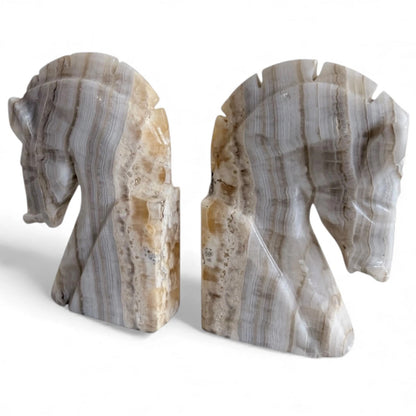 Vintage Onyx Horse Head Bookends – Natural Stone Carvings