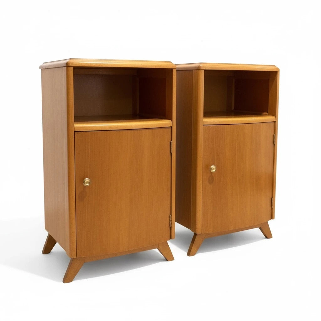 Mid Century Bedside Cabinets – Compact Oak Nightstands with Cupboard Storage Pair