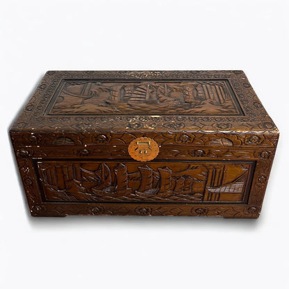 Mid Century Modern Chinese Camphor Wood Carved Storage Treasure Chest