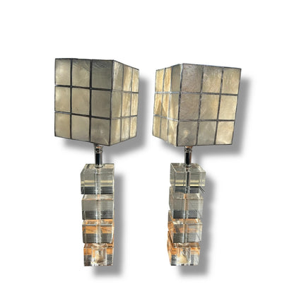 Pair of Mid Century Modern Glass Cube & Chrome Table Lamps
