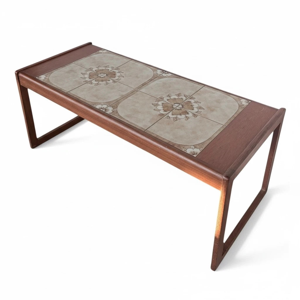 Mid-Century Coffee Table - Tile Top Table with Floral Ceramic Inset & Wooden Frame