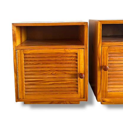 Mid Century Modern Pair of Teak Wood Slatted Bedside Cabinets