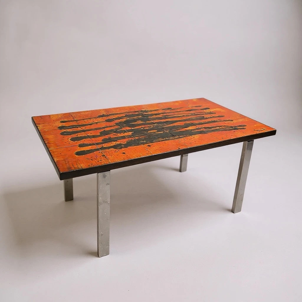 Mid-Century Belarti Coffee Table – Vintage Orange & Black Tile Top with Chrome Legs
