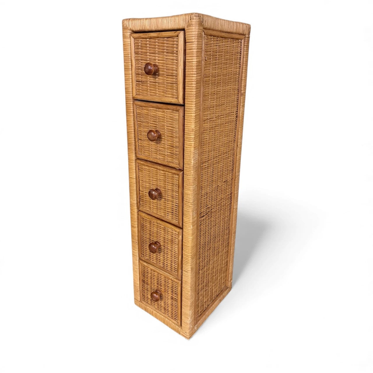 Vintage Wicker Tallboy Drawers – 1970s Natural Rattan Storage Unit Tallboy