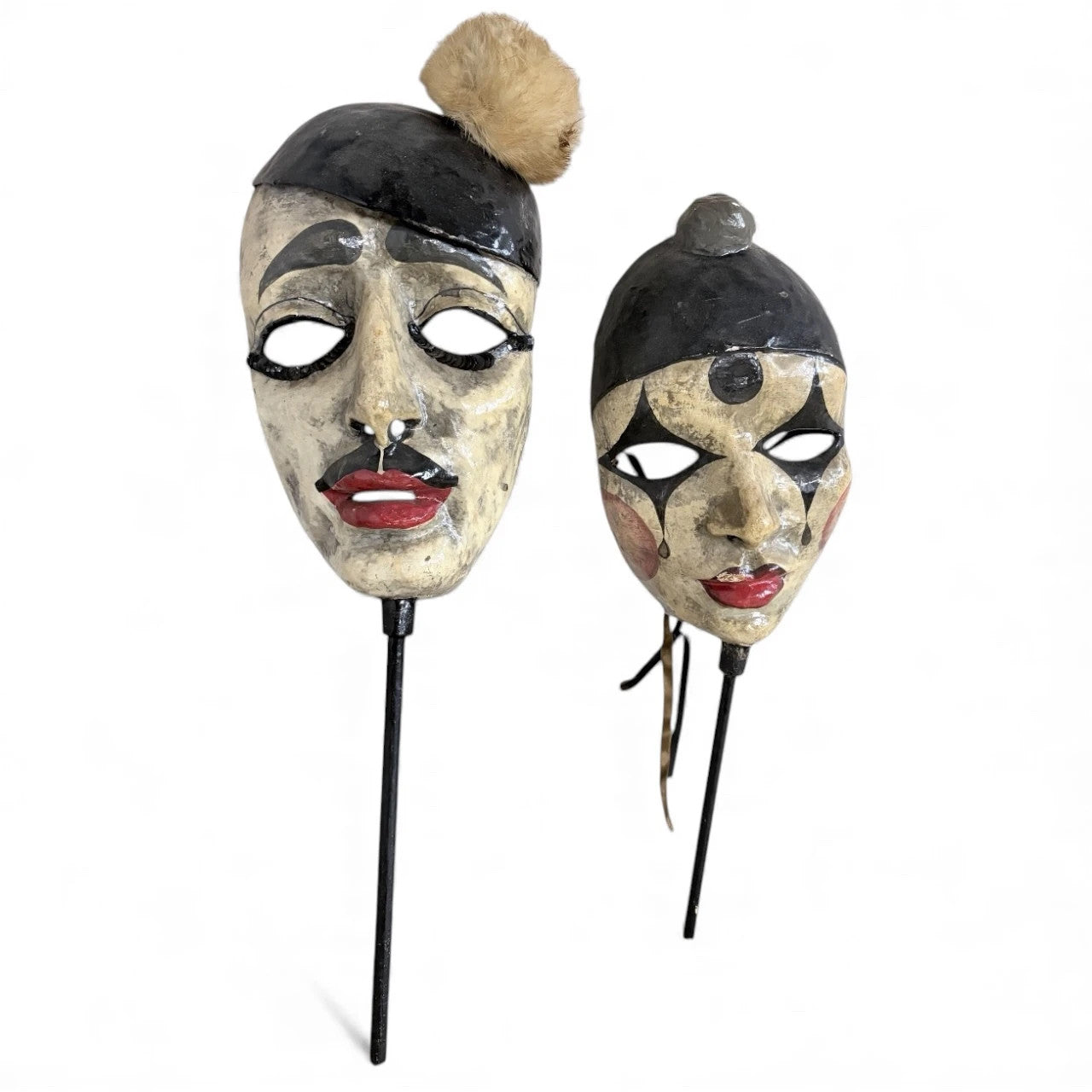 Pair of Vintage Puppet Head Masks – Papier-Mâché Theatre Figures