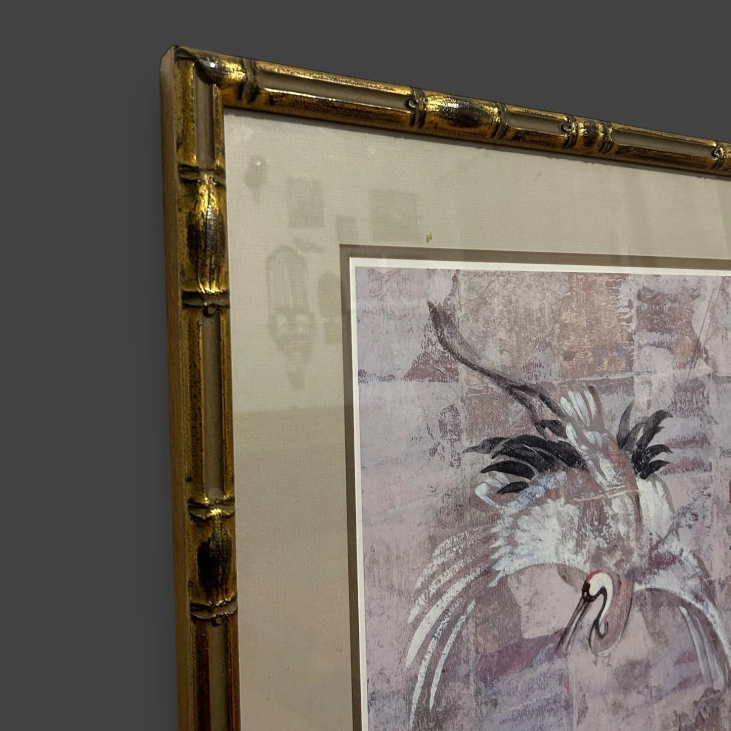 Vintage 1970s Chinese Crane Bamboo Picture Frame