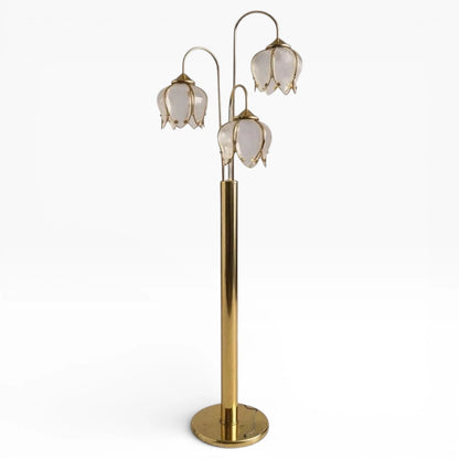 Art Deco Floor Lamp – Hollywood Regency Brass Lotus Lamp with Sculptural Glass Shades