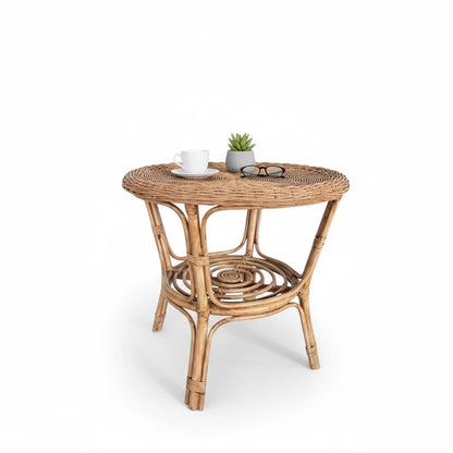 Vintage Bamboo Round Side Table – Small Rattan Accent Table