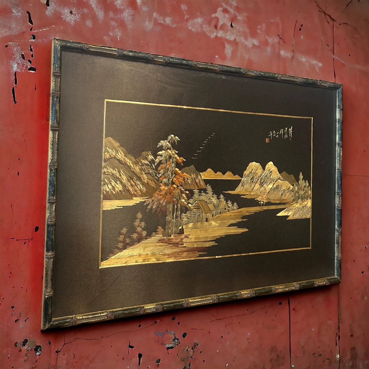 Mid Century Japanese Wood Marquetry Painting