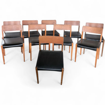 Set of Ten Teak Dining Chairs | Mid-Century Modern | Black Vinyl Seats
