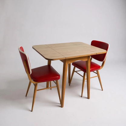 Mid Century Modern Taupe Formica Drop Leaf Table & Red Vinyl Chairs Dining Set