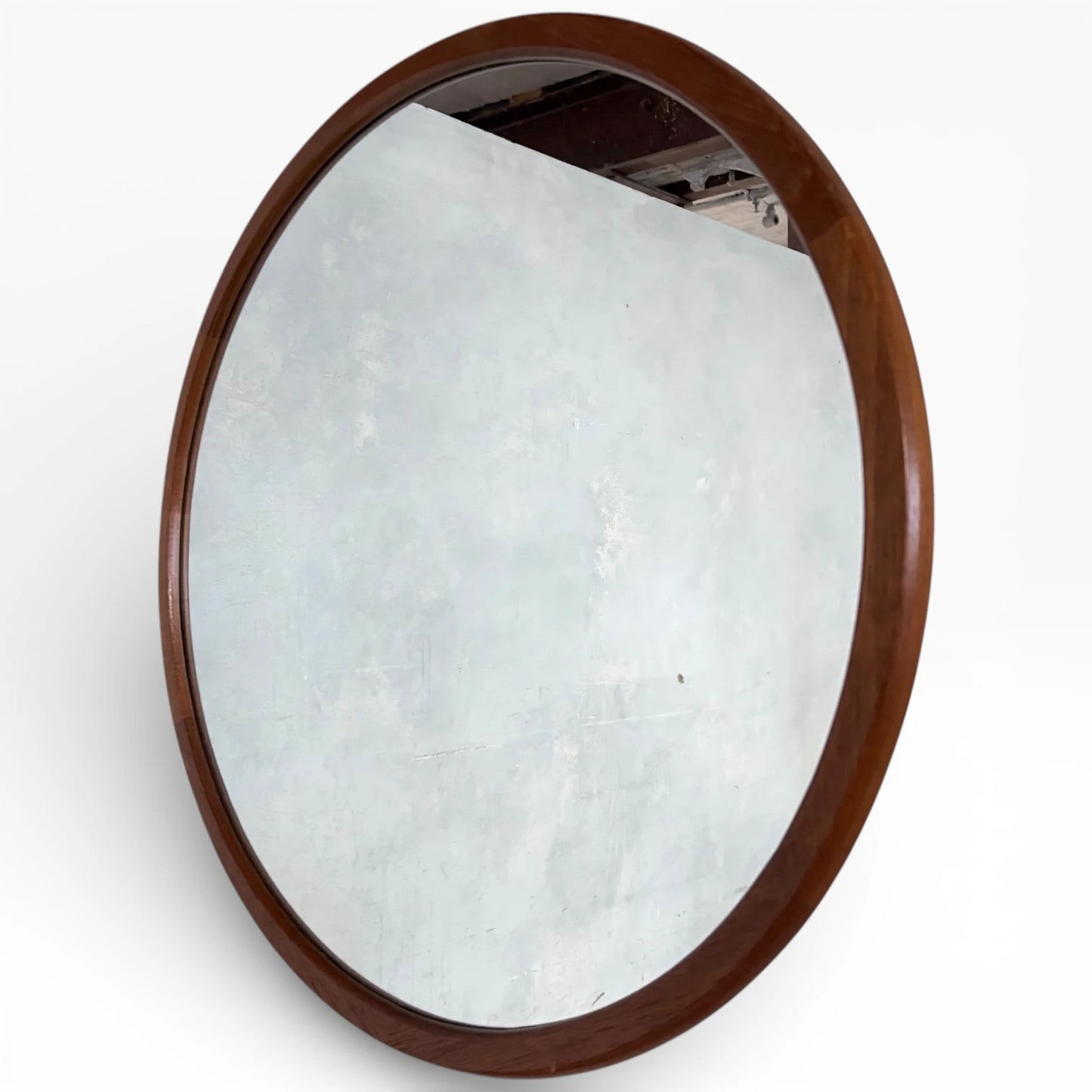 Mid Century Teak Mirror - Danish Round Wall Mirror with Solid Frame, Vintage