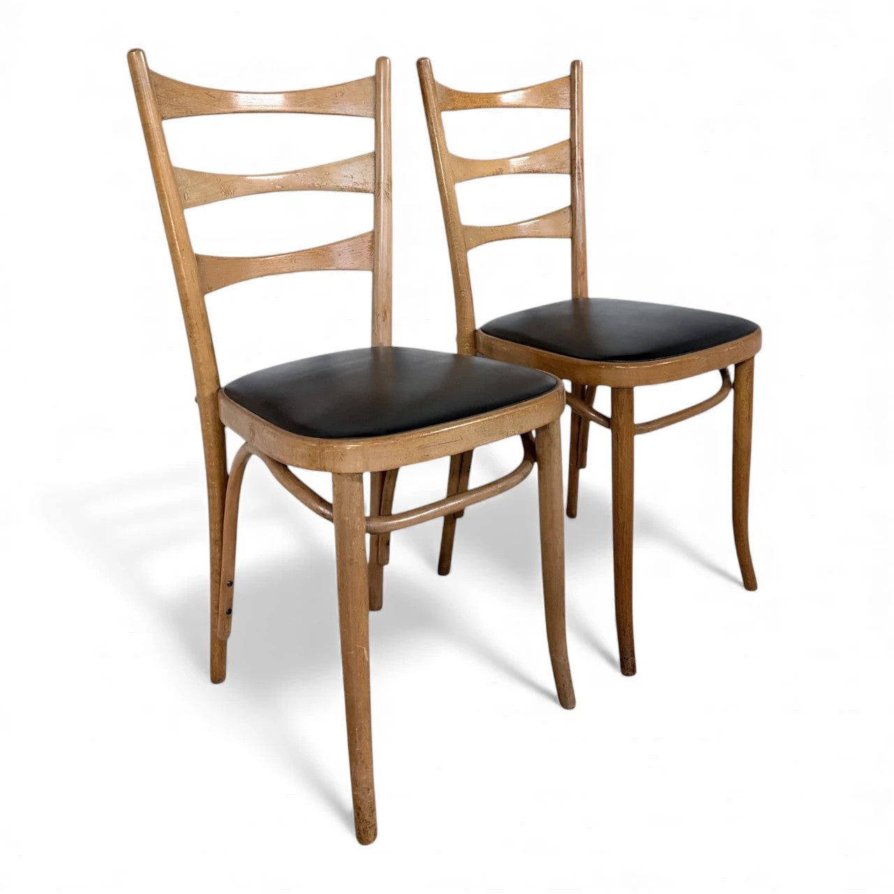 Pair of Bentwood Beech Dining Chairs with Black Vinyl Seats – Mid-Century Style