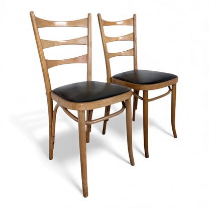 Pair of Bentwood Beech Dining Chairs with Black Vinyl Seats – Mid-Century Style