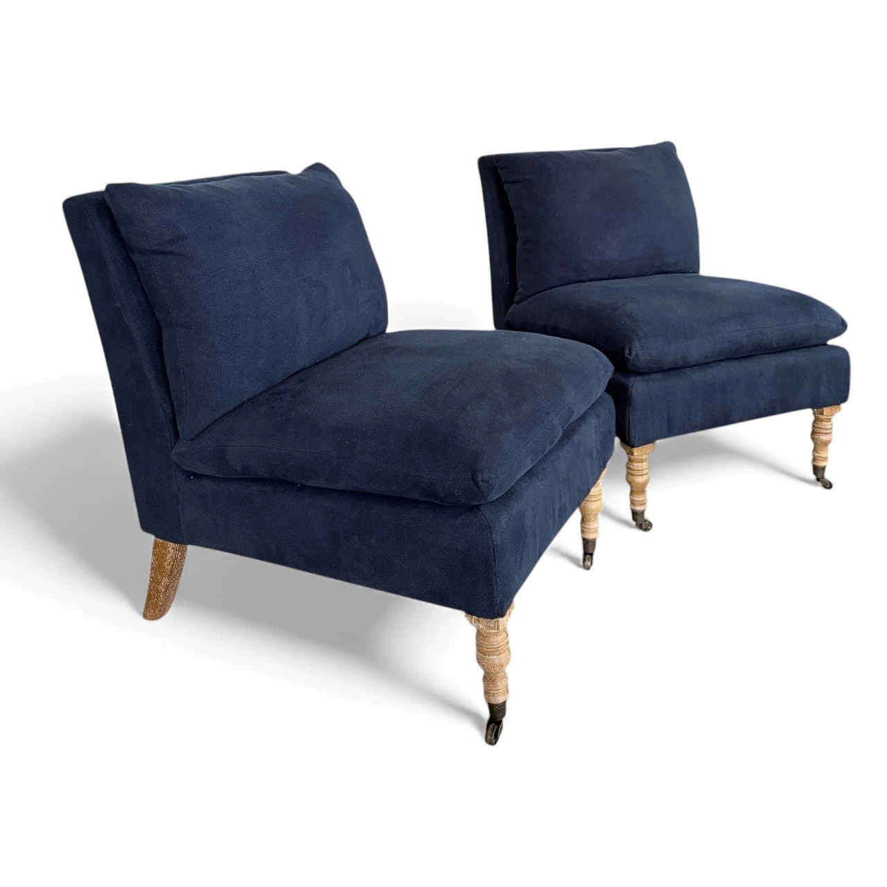 Upholstered Lounge Chairs – Pair of Navy Blue Classic Fabric Armchairs with Wooden Legs
