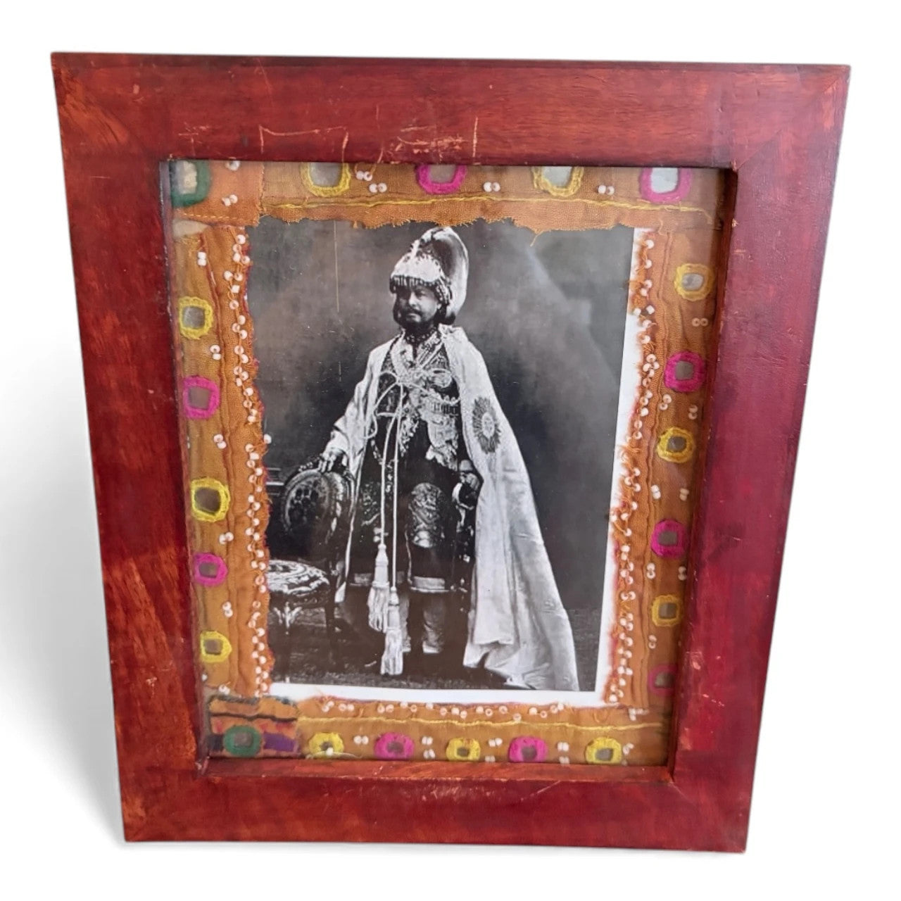Framed Mughal Portrait with Embroidered Textile Mount – Vintage Artwork