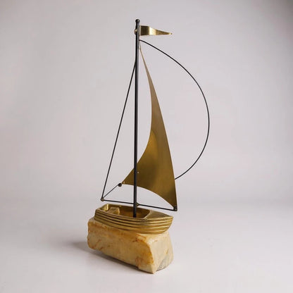Mid Century Modern Onyx Mounted Brass Boat Sculpture