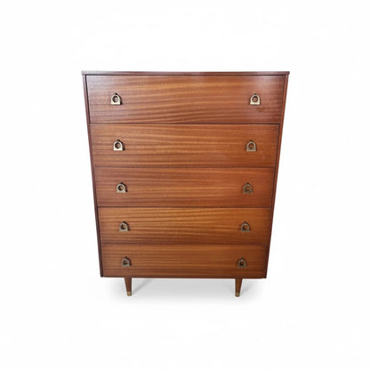 Mid-Century Chest Drawers | Tallboy Dresser with Brass Handles & Teak Veneer