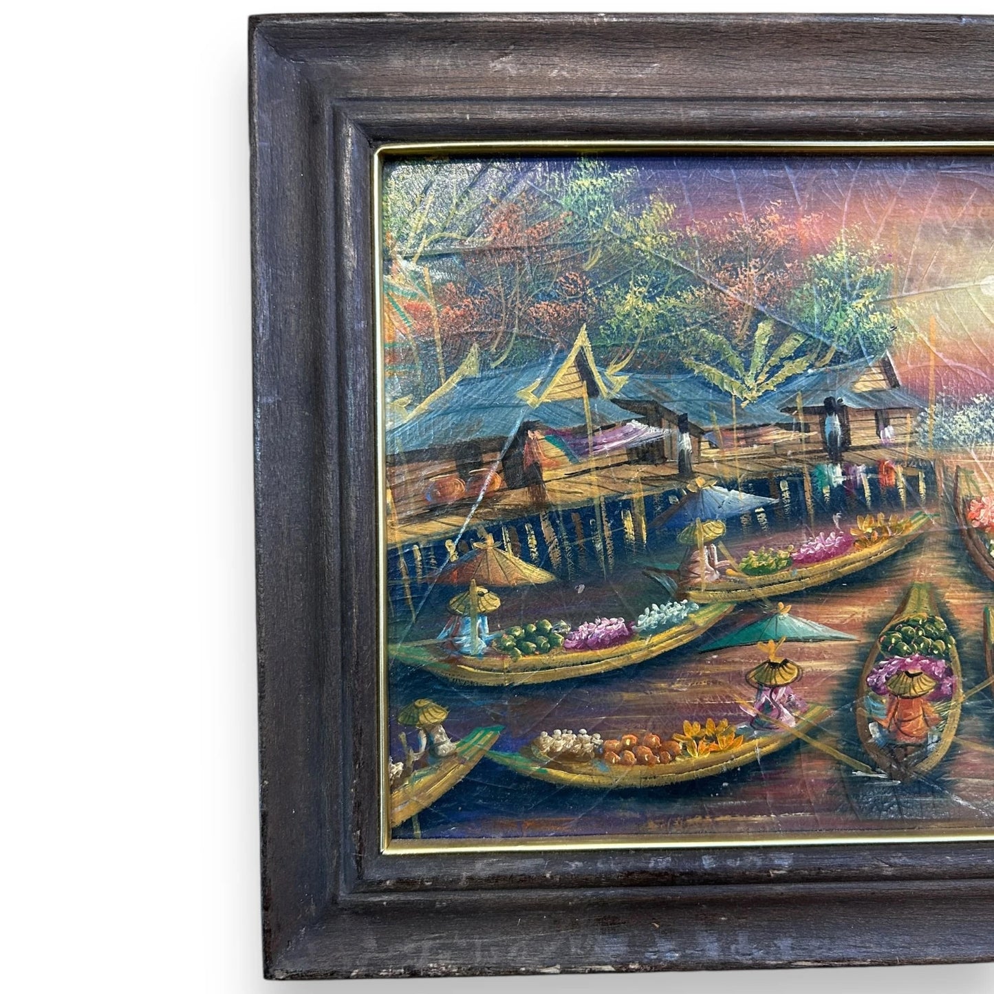 Vintage 1950s Thai Village Oil Painting Framed