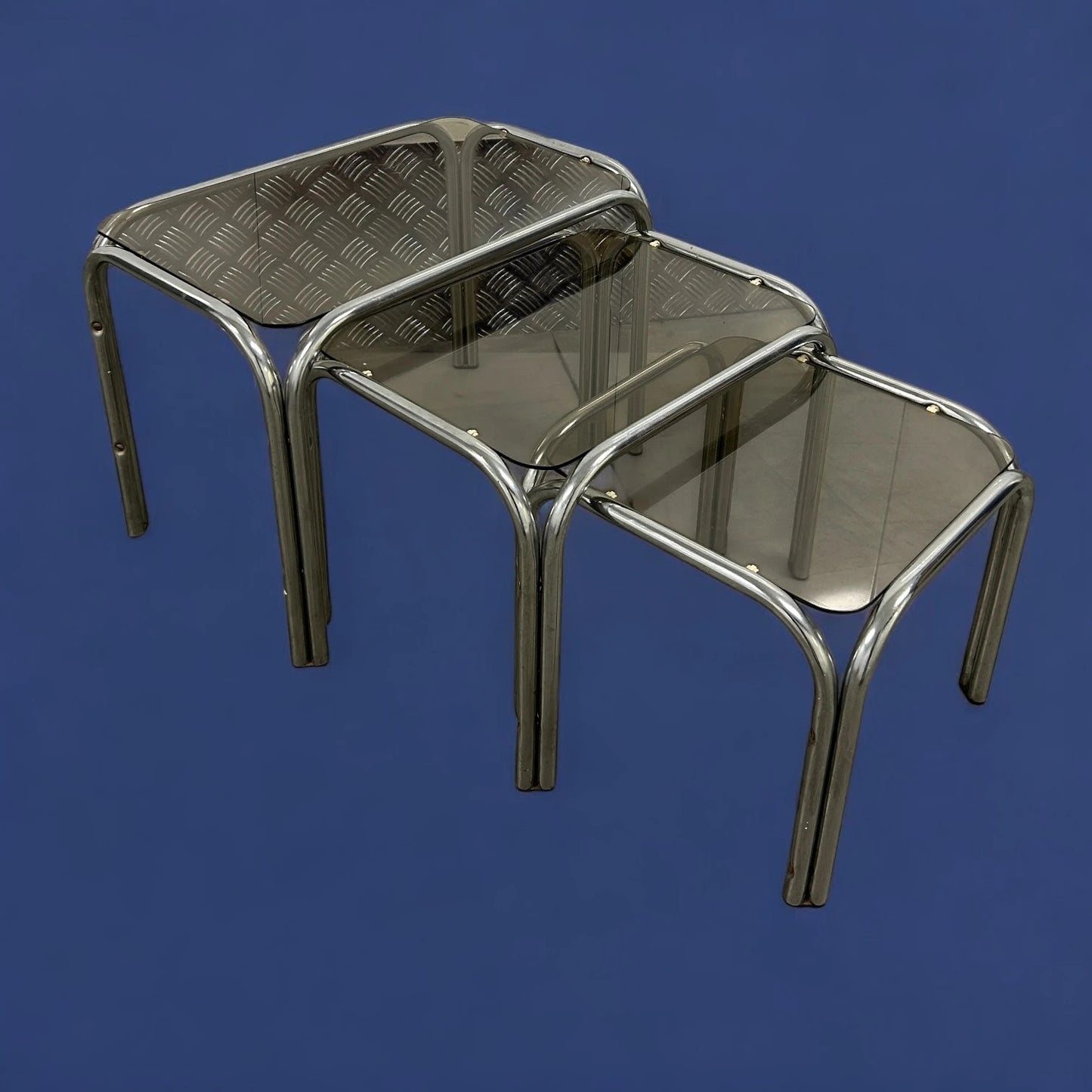 Mid Century Smoked Glass and Chrome Nest of Tables