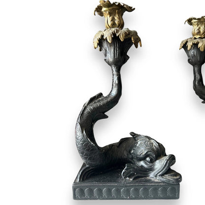 Vintage Pair of Black Basalt Wedgwood Dolphin Candlesticks