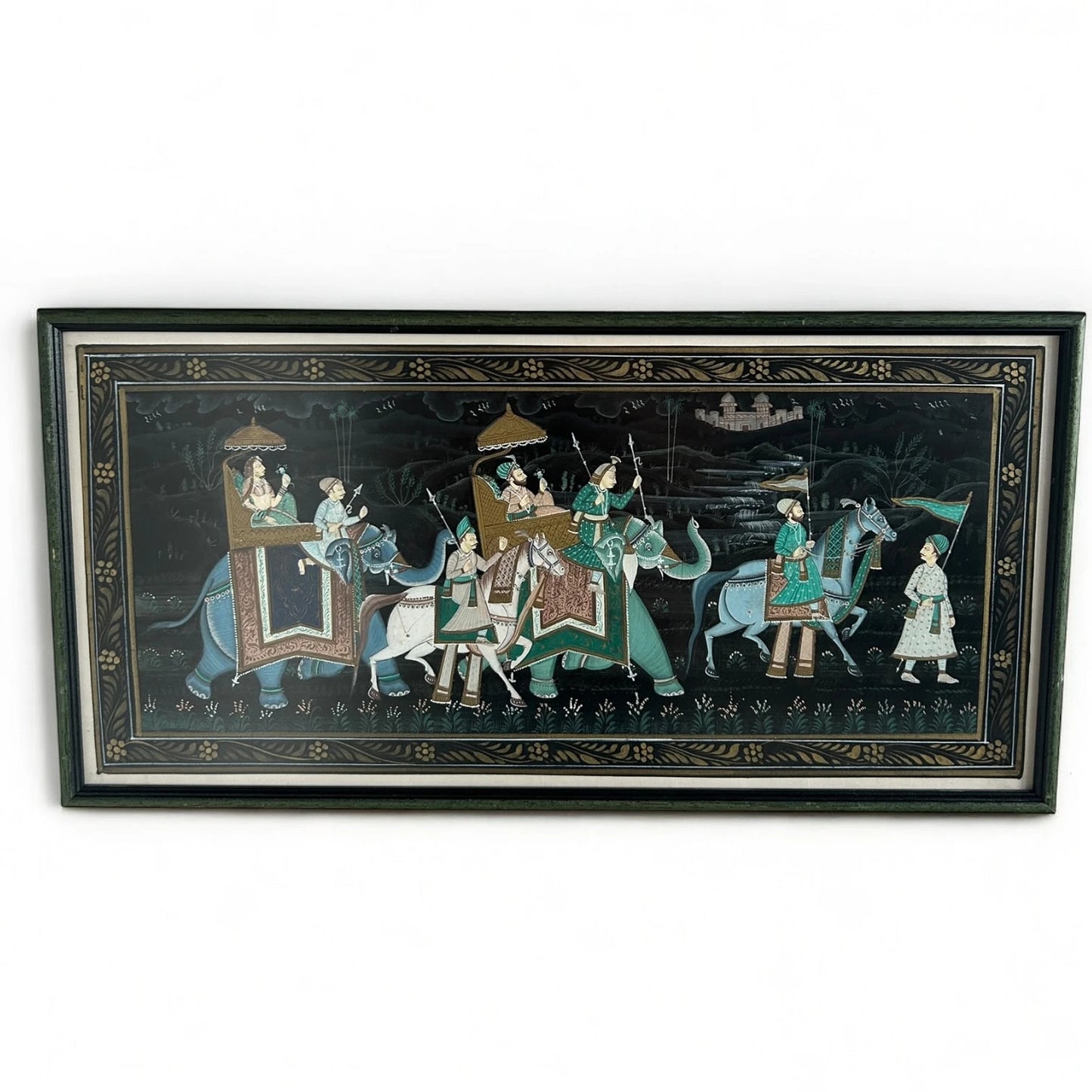 Vintage Indian Silk Painting Royal Procession Rajasthani Handmade Folk Artwork