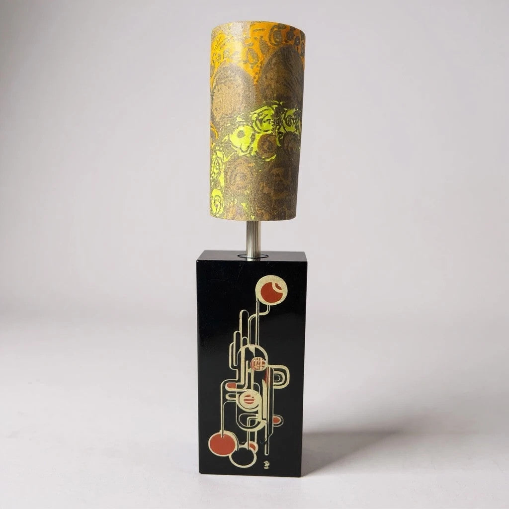 Vintage 1970s Black Geometric Table Lamp with Patterned Shade – Retro Mid Century Modern Lighting