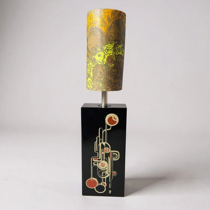 Vintage 1970s Black Geometric Table Lamp with Patterned Shade – Retro Mid Century Modern Lighting