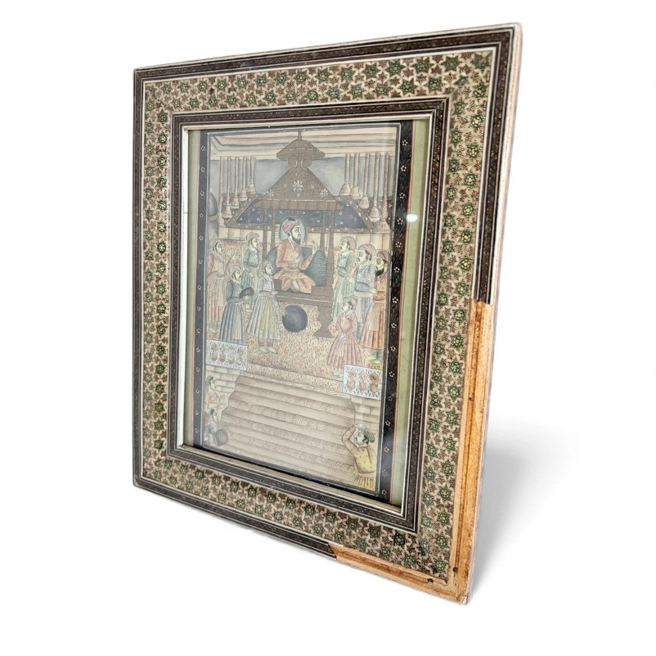 Framed Islamic Manuscript Miniature – Persian Court Scene in Khatam Marquetry Frame