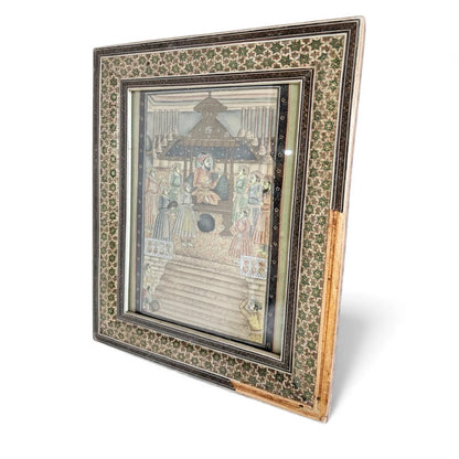 Framed Islamic Manuscript Miniature – Persian Court Scene in Khatam Marquetry Frame