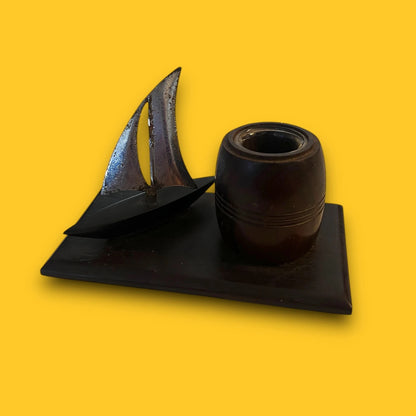 Vintage 1960s Metal Boat Desk Ink Well