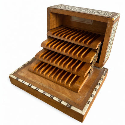 Mid Century Modern Mother of Pearl Mosaic Carved Wood Musical Cigarette Dispenser Box